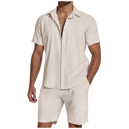 Short Sleeve Lapel Linen Short Set Men