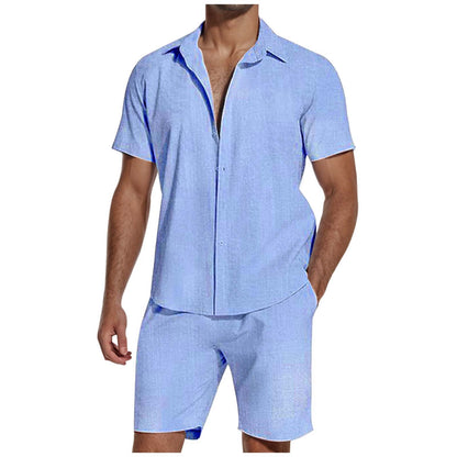 Short Sleeve Lapel Linen Short Set Men