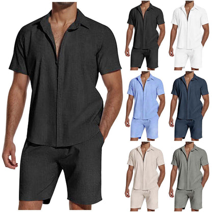 Short Sleeve Lapel Linen Short Set Men