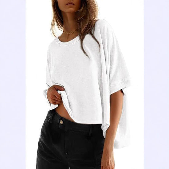 Solid-color Loose-fitting Short-sleeve Pullover With A Crew Neck