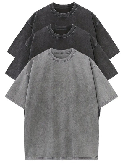 Cotton Heavy Distressed Drop Shoulder Retro Loose Short Sleeve