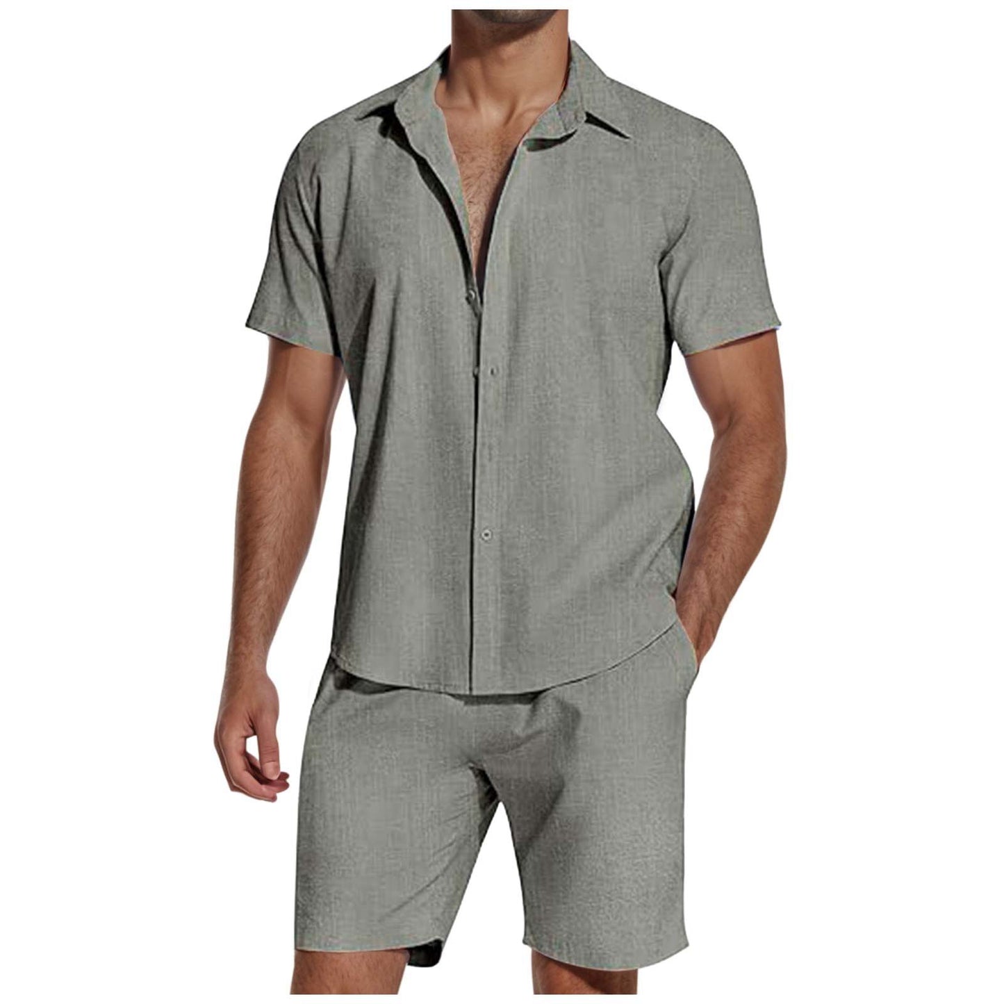 Short Sleeve Lapel Linen Short Set Men