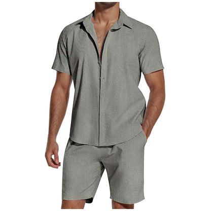 Short Sleeve Lapel Linen Short Set Men