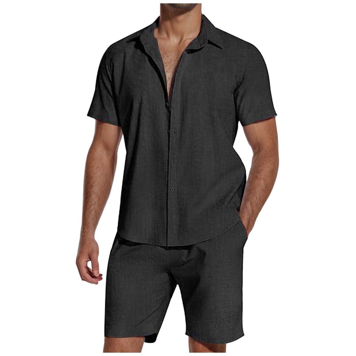 Short Sleeve Lapel Linen Short Set Men