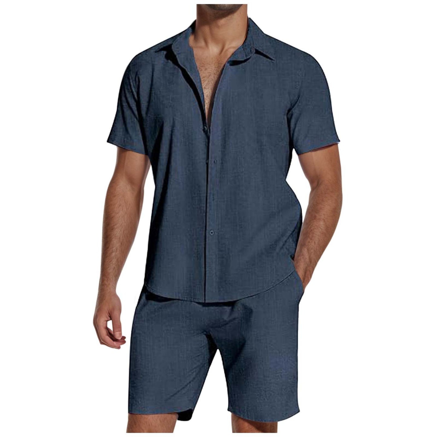 Short Sleeve Lapel Linen Short Set Men