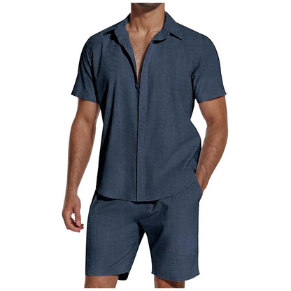 Short Sleeve Lapel Linen Short Set Men